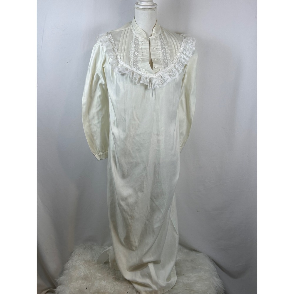 Vintage Nightgown Women Medium Cream Excellent Lace Trim Satin Victorian Style